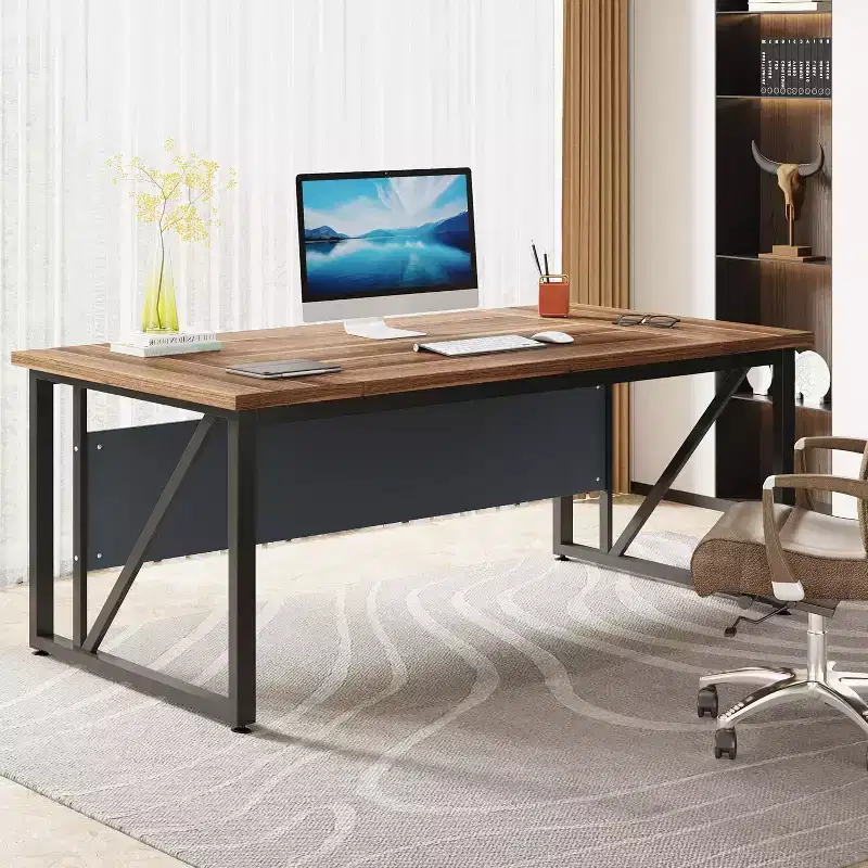 63-Inch Computer Desk, Modern Home Office Writing Table for Workstation, Dark Walnut Finish, Steel Legs