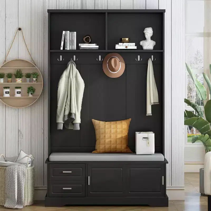 Whisen Elegant Style 3-in-1 Hall Tree with Sliding Doors, 6 Hooks and Shoe Storage