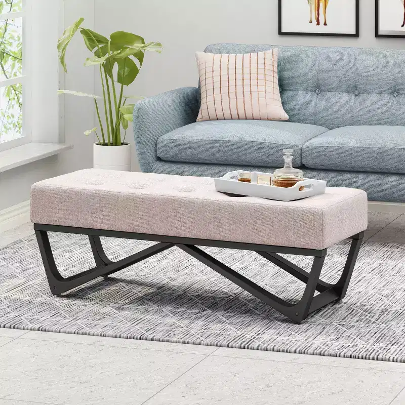 TUYOHW 47 Modern Ottoman Bench with Button-Tufted Upholstered Entryway Bench with Geometric Legs Versatile Shoe Bench for Living Room, Bedroom