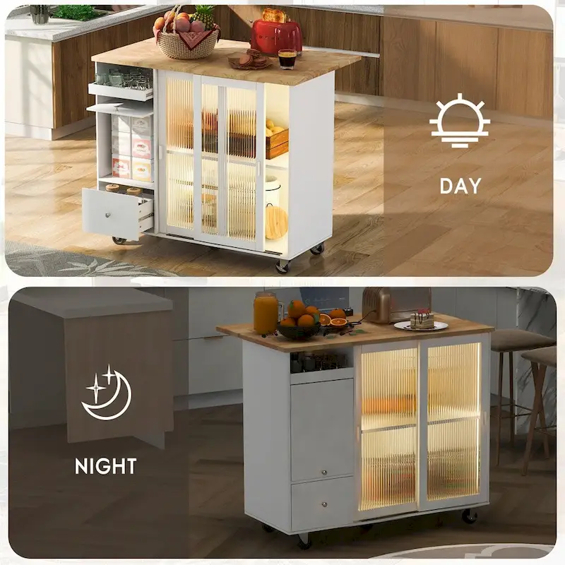 Kitchen Island with Drop Leaf,LED Light Kitchen Cart on Wheels