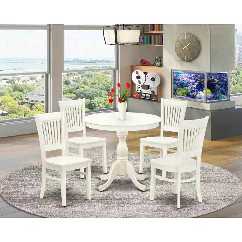 HomeStock Linen White Round Pedestal Dining Table and 4 Chair Set