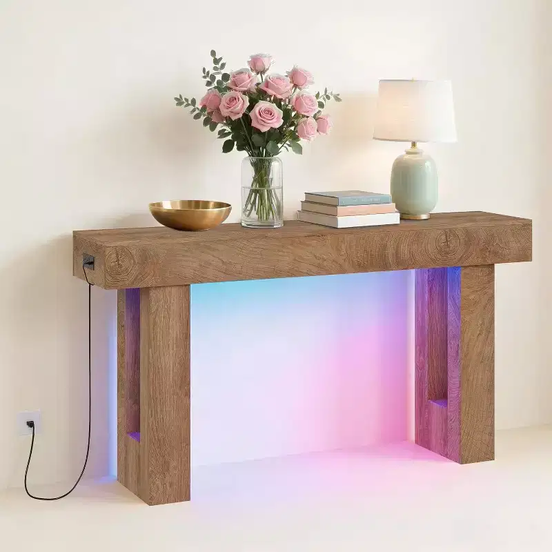 63 Farmhouse Console Table with Charging Station & LED Light, Slim Entryway Sofa Table for Hallway Living Room, Natural Wood Finish