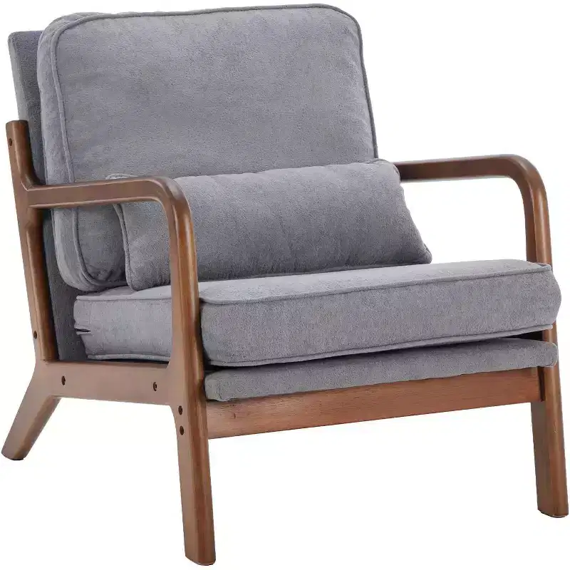 Summit Adventure Mid Century Modern Accent Chair with Arms Waist Cushion Solid Wooden Frame Cream Lounge Chair