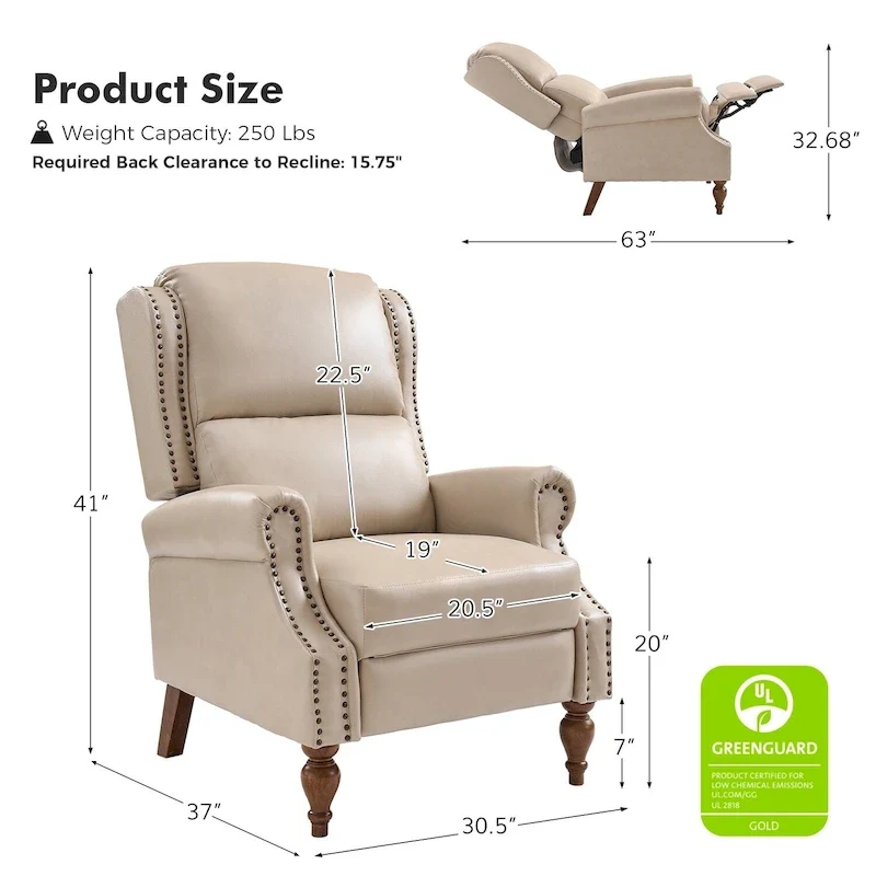 Traditional Vegan Leather Manual Push-Back Recliner, Padded Armrests, Solid Wood Legs, Living Room