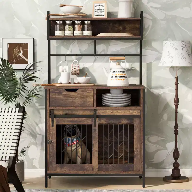 2 IN 1 Freestanding Storage Cabinet Hutch Kitchen Cabinet Dog Crate Dog Kennel for Small-sized Dogs up to 40lbs, Rustic Brown - ModernLuxe