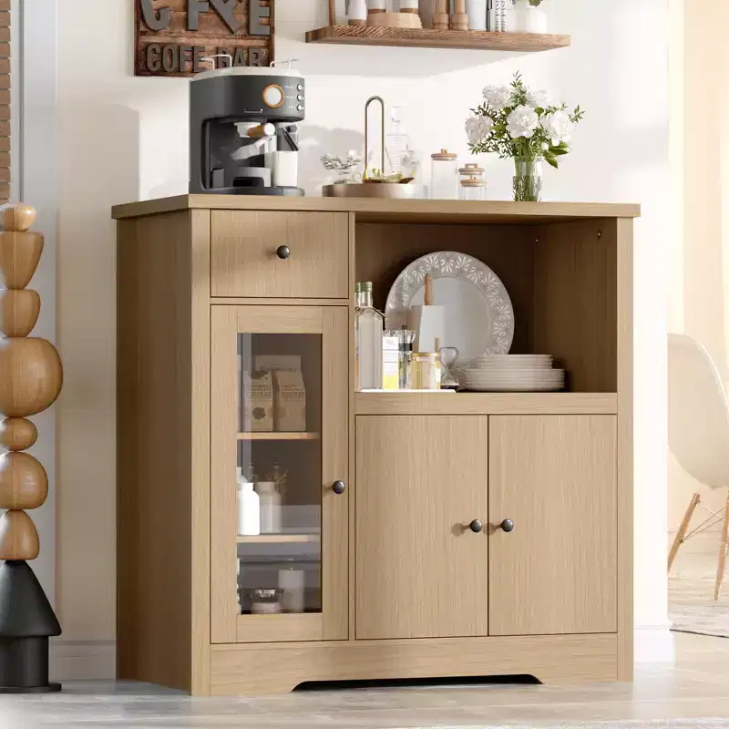 Kitchen Microwave Cabinets with Storage, Buffet Cabinet Sideboard with 3 Doors,1 Drawer and Adjustable Shelves, Pantry Storage Cabinet ,Natural ?