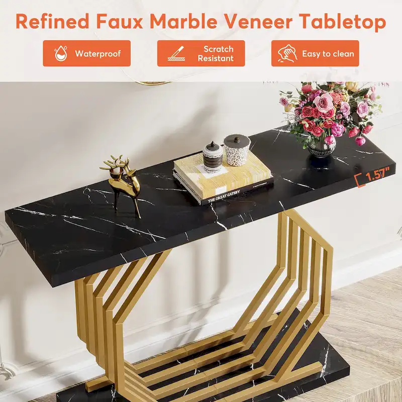 Gold Console Table, Faux Marble Entryway Table Narrow Sofa Table with Geometric Metal Base, 40 Inch Modern Accent Table