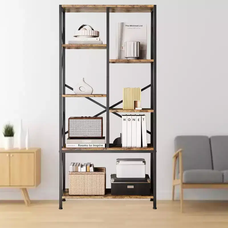 Acekool 5-Tier Industrial Bookcase, 69.5 Rustic Display Shelf with 7 Open Shelves for Living Room, Bedroom, Home Office