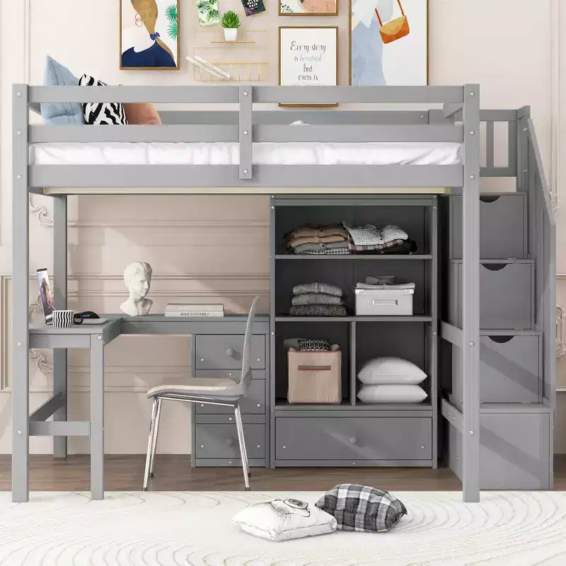 Clihome Full Size Loft Bed with L-Shaped Desk and Drawers, Cabinet and Storage Staircase