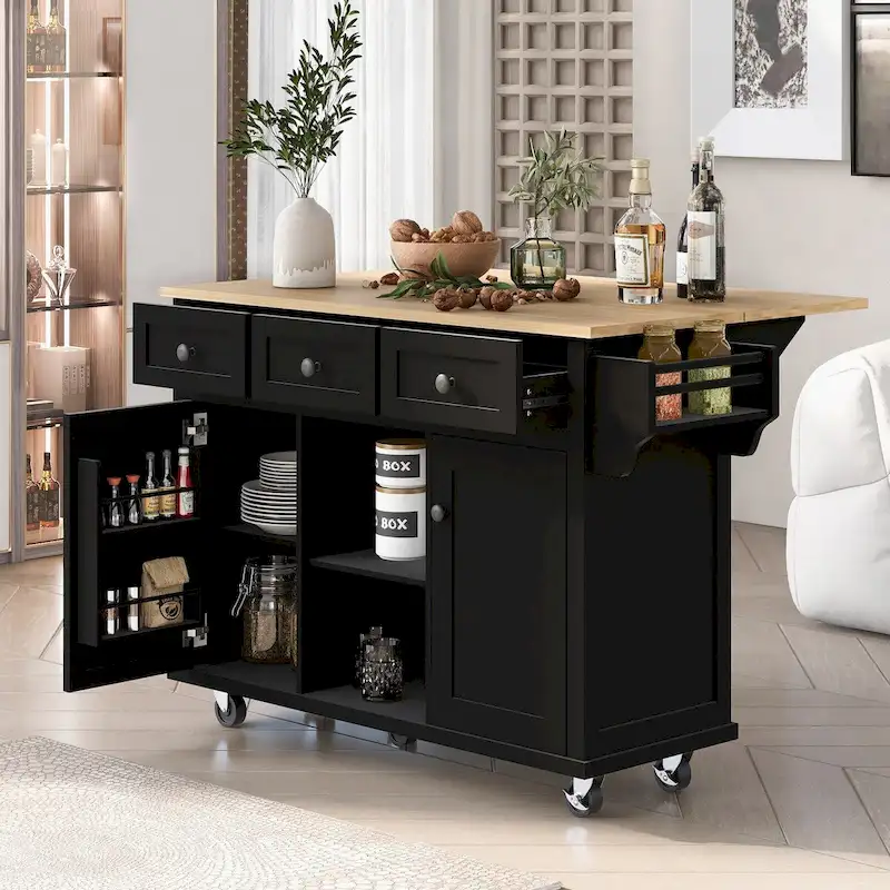 Kitchen Cart with Rubber Wood Drop-Leaf Countertop , Internal Storage Racks