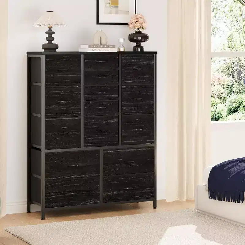 15-Drawer Fabric Tall Dresser with Wood Top & Sturdy Metal Frame, Wood Grain Print Storage Chest for Bedroom, Living Room & Hallway