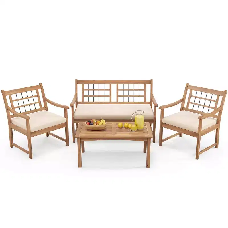 Costway 4 PCS Wood Patio Furniture Set with Soft Seat Cushions Solid Acacia Wood Frame Off White/Gray