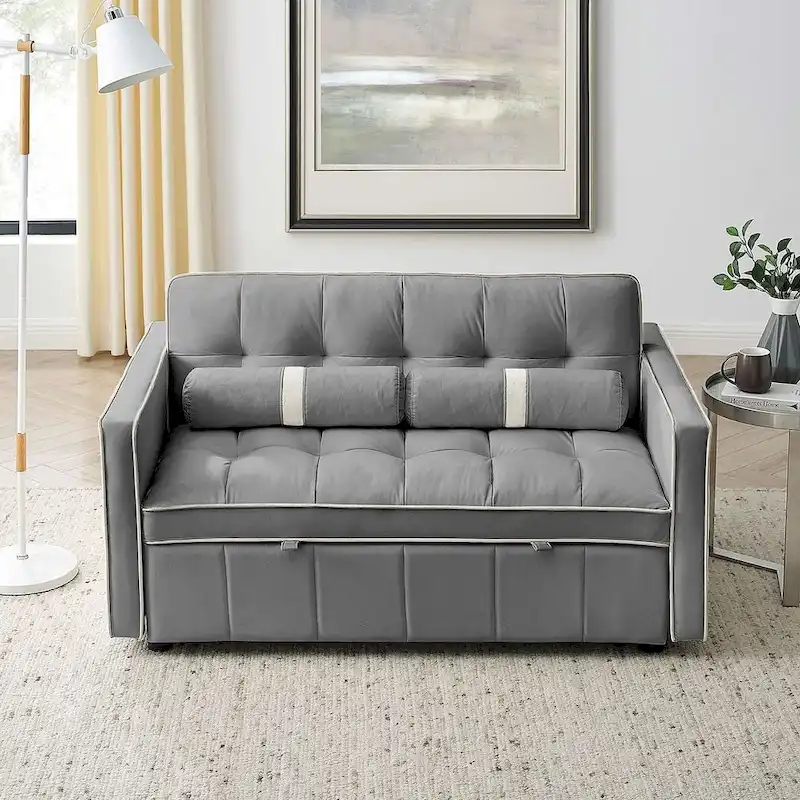 Velvet Multi-Functional Pull-Out Sofa Bed Adjustable Reclining Backrest With Pillows - N/A