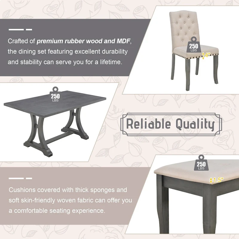 6-Piece Farmhouse Dining Table Set, Rectangular Trestle Table and 4 Upholstered Chairs & Bench