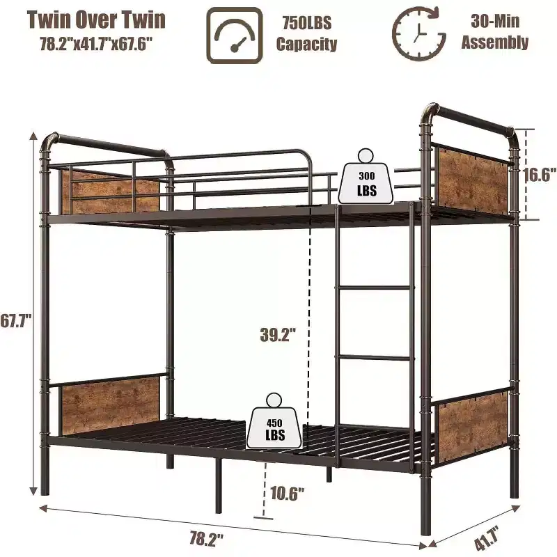 Heavy Duty Metal Twin Over Twin Bunk Bed for Kids, Convertible Design with Guardrails and Ladders, Noise-Free, No Box Spring Required.