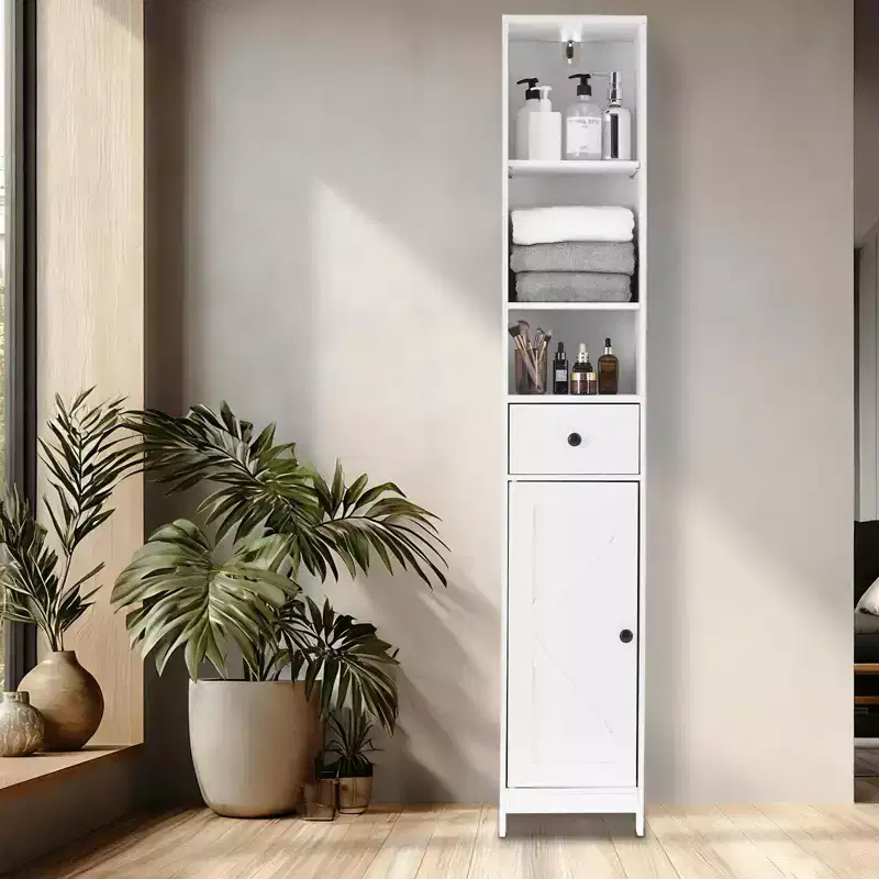 Tall Freestanding Storage Cabinet with Sliding Doors, Drawer & Adjustable Shelves