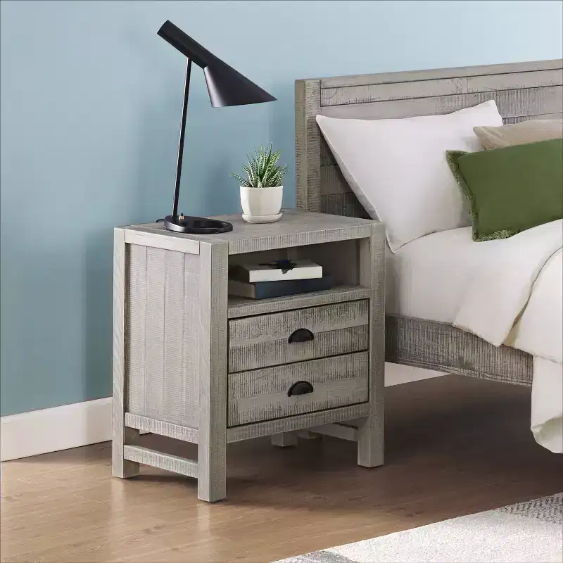 Gray 2-Drawer Wood Nightstand with Open Shelf