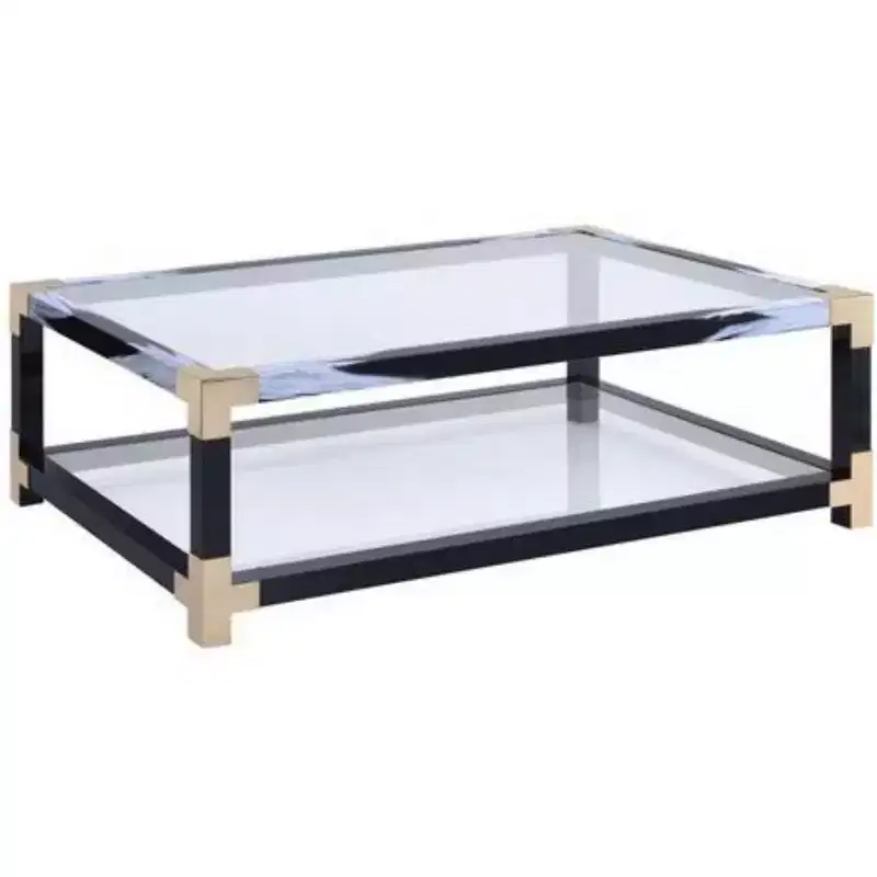 Metal Coffee Table with Glass Top and Shelf, Black