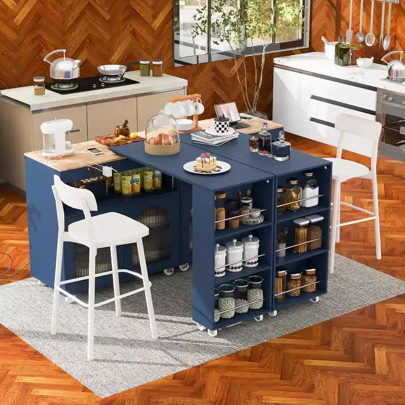 Rolling Kitchen Island Cart with Wheels, Power Outlet, LED Light, Spice Rack, Fluted Glass Door, Farmhouse Mobile Storage for Dining Room