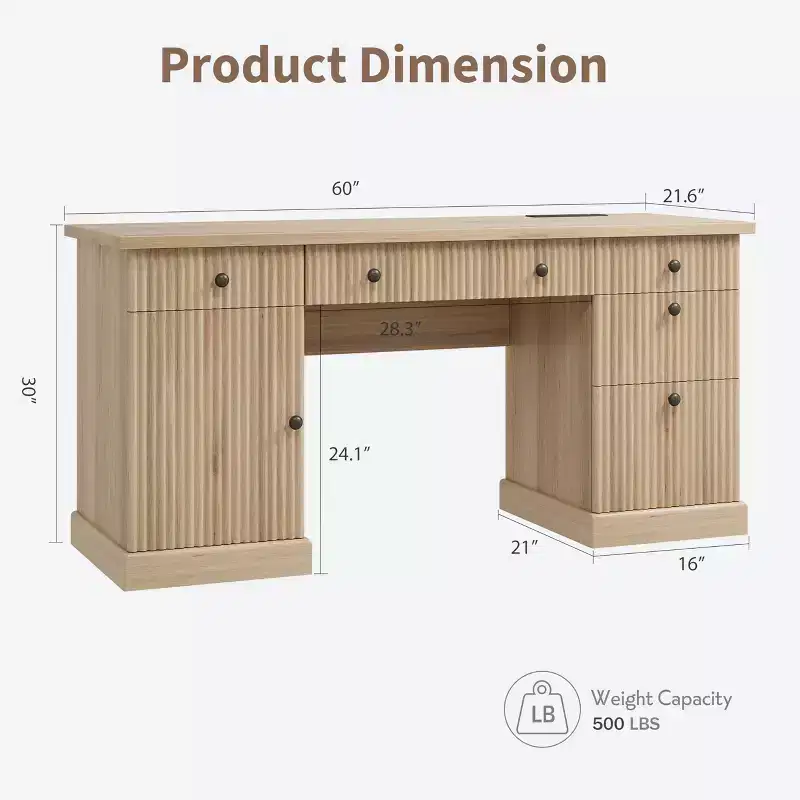 60 Executive Office Desk - Fluted Design with Charging Station, Wooden Desk for Home Office - Natural