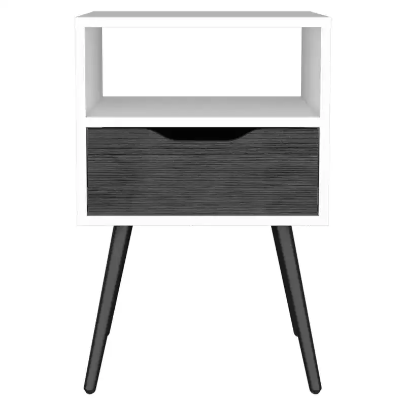 Modern Nightstand with Open Shelf and Single Drawer, Smokey Oak / White Finish