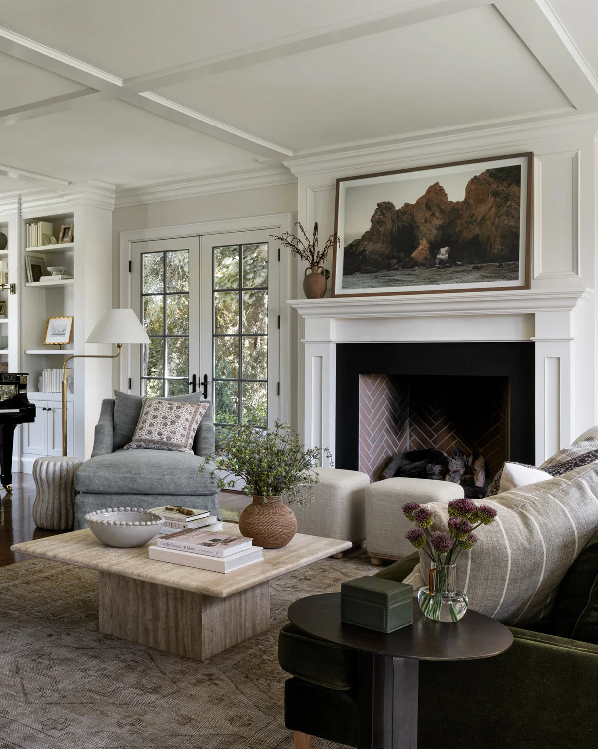 Organic Travertine Stone Coffee Table with Natural Marble Texture for Living Room