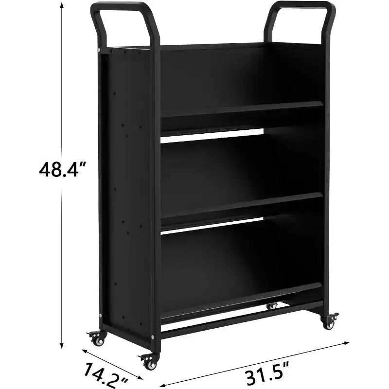 3-Tier Heavy-Duty Rolling Book Cart with Lockable Wheels Metal Storage Organizer with V-Shaped Shelves, Side Hooks, Compact Design for Home, Office