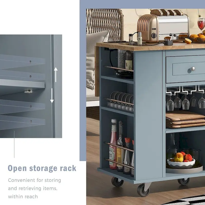 Kitchen Island Cart with Wheels ,Power Outlet, Drop Leaf, Wine Rack