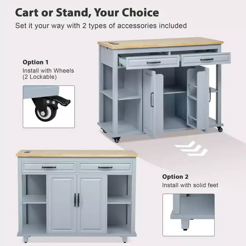 47 Kitchen Island with Extendable Dining Table Rubber Wood Veneer Kitchen Table with Storage Rack & Power Outlet & 2 Drawers 2 Cabinet Blue