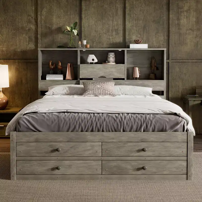 Queen/King Size Platform Bed Pine Wood Bed Frame with Storage Headboard and 8 Drawers