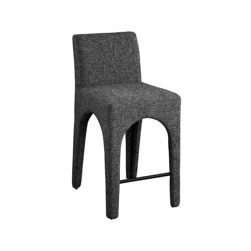 Black Linen Textured Fabric Stool with Art Deco Design
