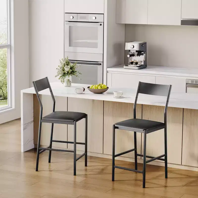 2 Modern Counter Height Bar Stools, PU Leather Island Chairs w/ Curved Backrest & Footrest, 300lbs Heavy Duty Iron Frame for Kitchen