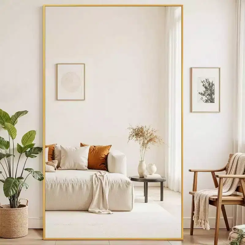 91x46 Gold Rectangular Full Body Mirror with Stand. An Oversized Floor Mirror for Freestanding or Hanging Use