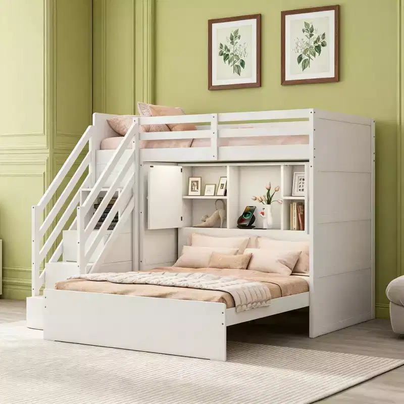 Luxystar Twin Over Full L-shaped Bunk Bed With Storage Stairs, Cabinet, Armoire and Light