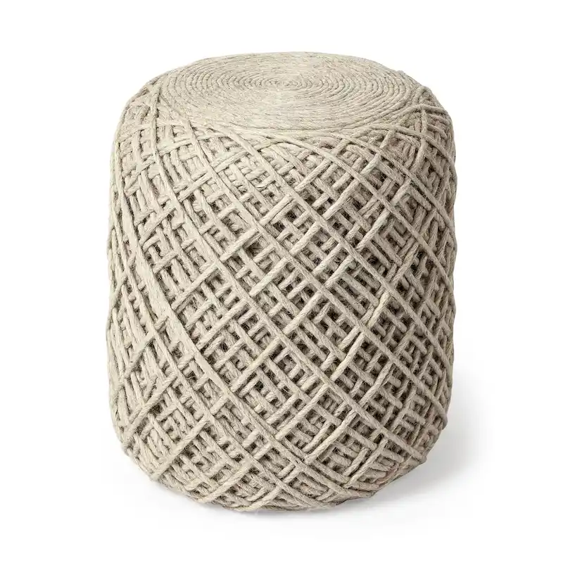 Handwoven Brown Wool Round Pouf with Diamond Weave Pattern