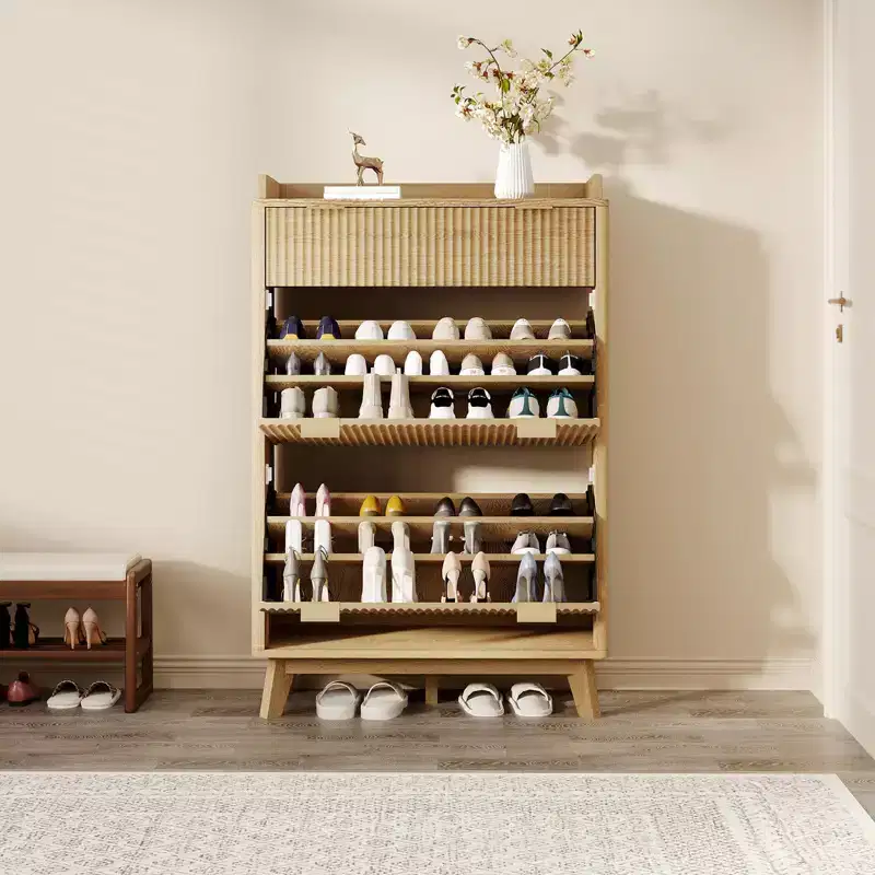 Fluted Shoe Storage Cabinet With 2 Flip Drawers, 48H Freestanding Hidden Shoe Organizer, Narrow Shoe Rack Cabinet For Hallway Living Room