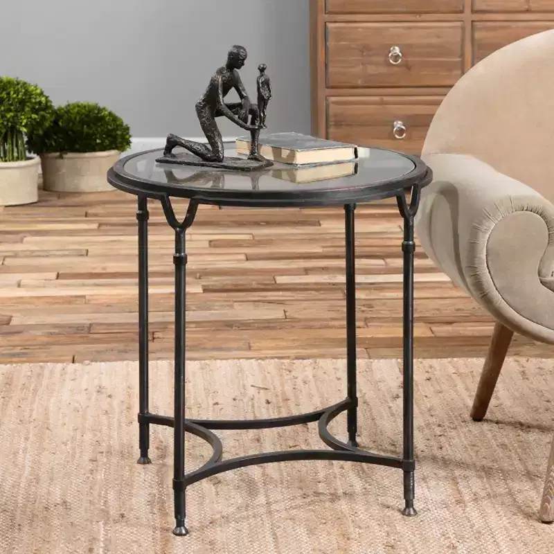 Uttermost Modern Steel Round Accent Side End Table 24 1/2 Wide Aged Black Clear Glass Tabletop for Living Room Bedroom Entryway