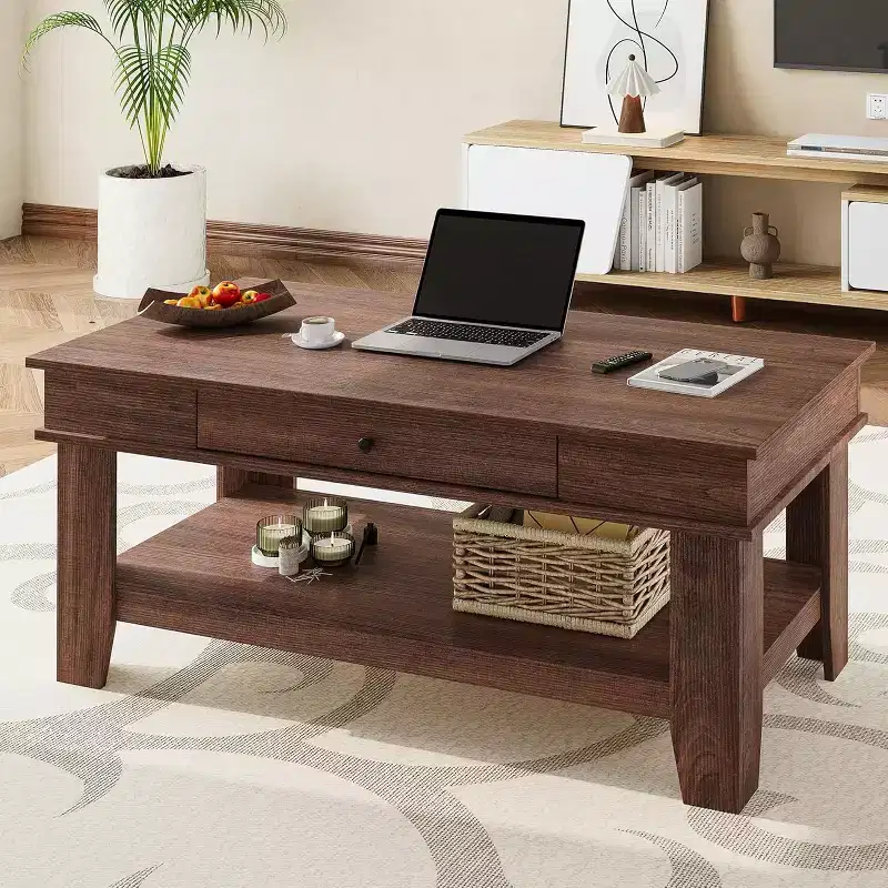Coffee Table with Drawer and Open Storage Shelf, Large Wooden Center Table for Living Room, Easy to Clean, Brown/Light Oak
