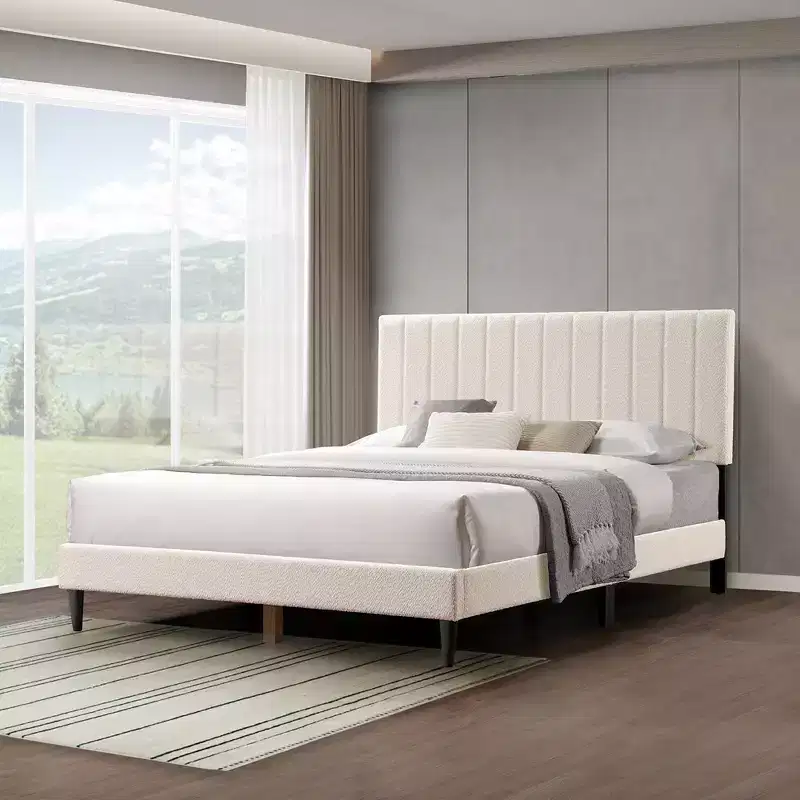 Queen Velvet Upholstered Bed Frame Wingback Headboard White