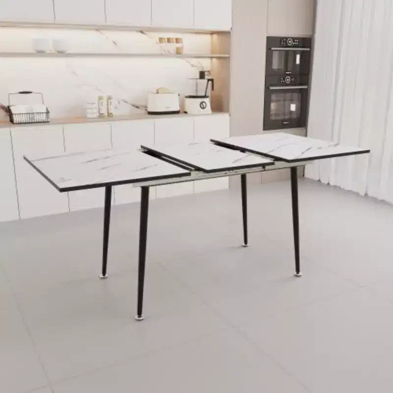 Extendable MDF Marble-Print Square Dining Table, Industrial Kitchen & Dining, Tapered Metal Legs