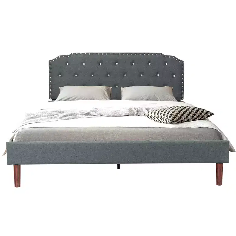 Costway Upholstered Bed Frame Adjustable Diamond Button Headboard Easy Assembly