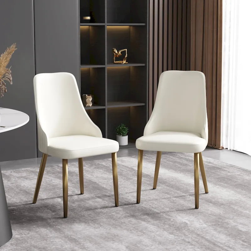 White & Gold High-Back Dining Chair, PU Leather, Set of 2