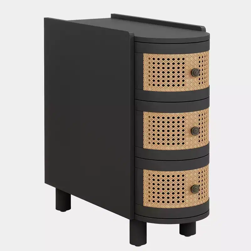 Solid Wood End Table with 3 Rattan Drawers & Embossed Handles - No Assembly