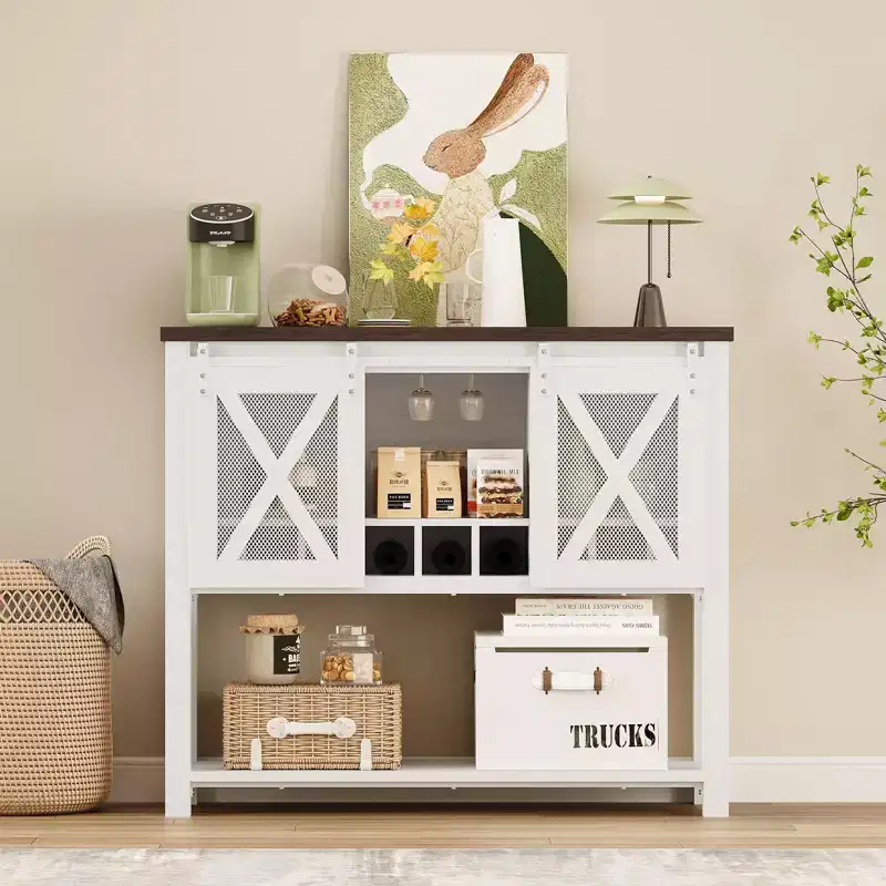 Coffee Bar Cabinet, Farmhouse Sideboard Buffet Cabinet with Sliding Barn Doors, Wine Racks, Open Storage Shelf