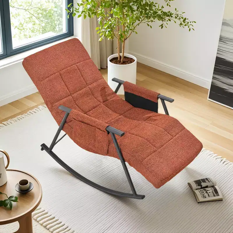 Upholstered Teddy Fabric Rocking Chair, Modern Reclining Glider Rocker Recliner with Adjustable Headrest, Removable Side Pockets