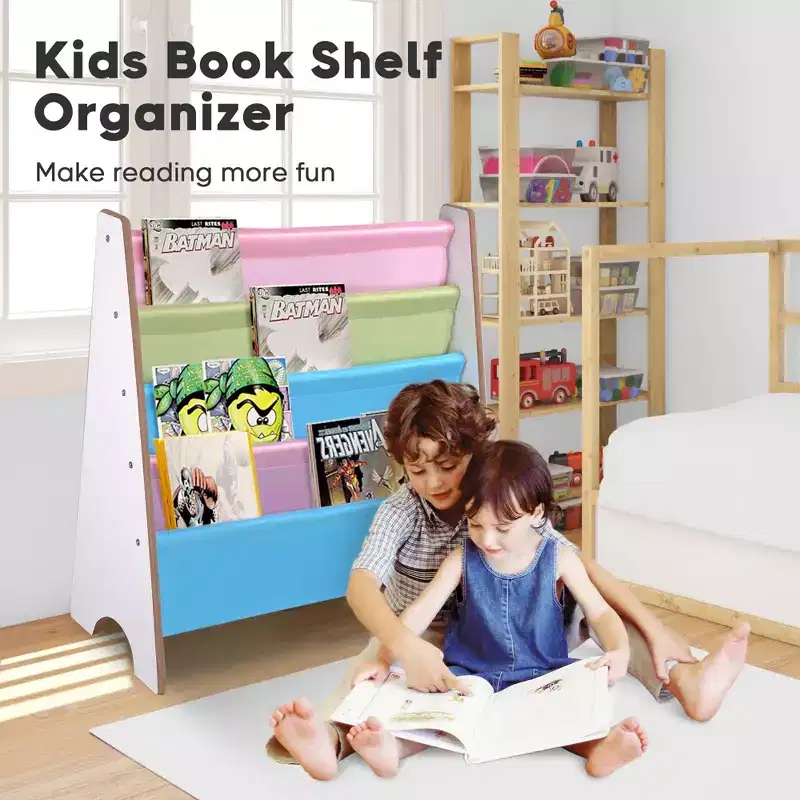 Wood Kids Book Shelf Sling Storage Rack Organizer Bookcase Display Holder Walnut White