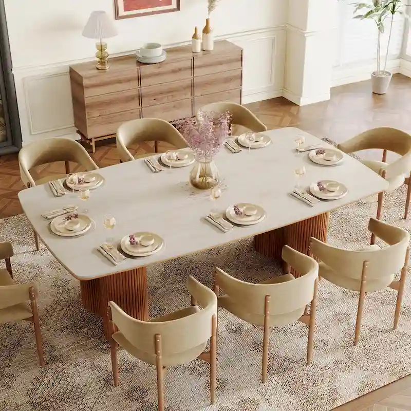 78.7 Rectangle Dining Table, Luxury Sintered Stone Kitchen Table with Solid Wood Legs