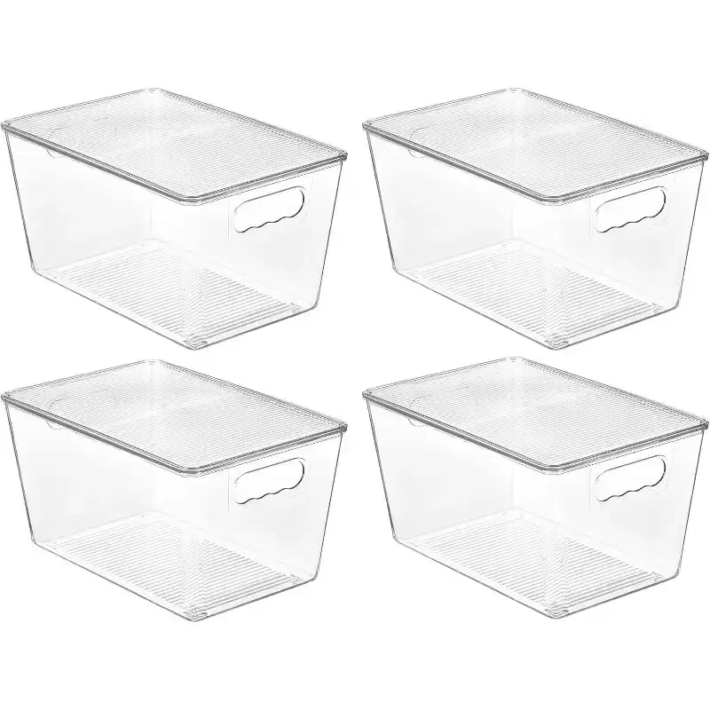 4 Pack Clear Plastic Stackable Storage Bins with Lids, Perfect for Kitchen, Fridge, Cabinet, Closet, Bathroom Organization