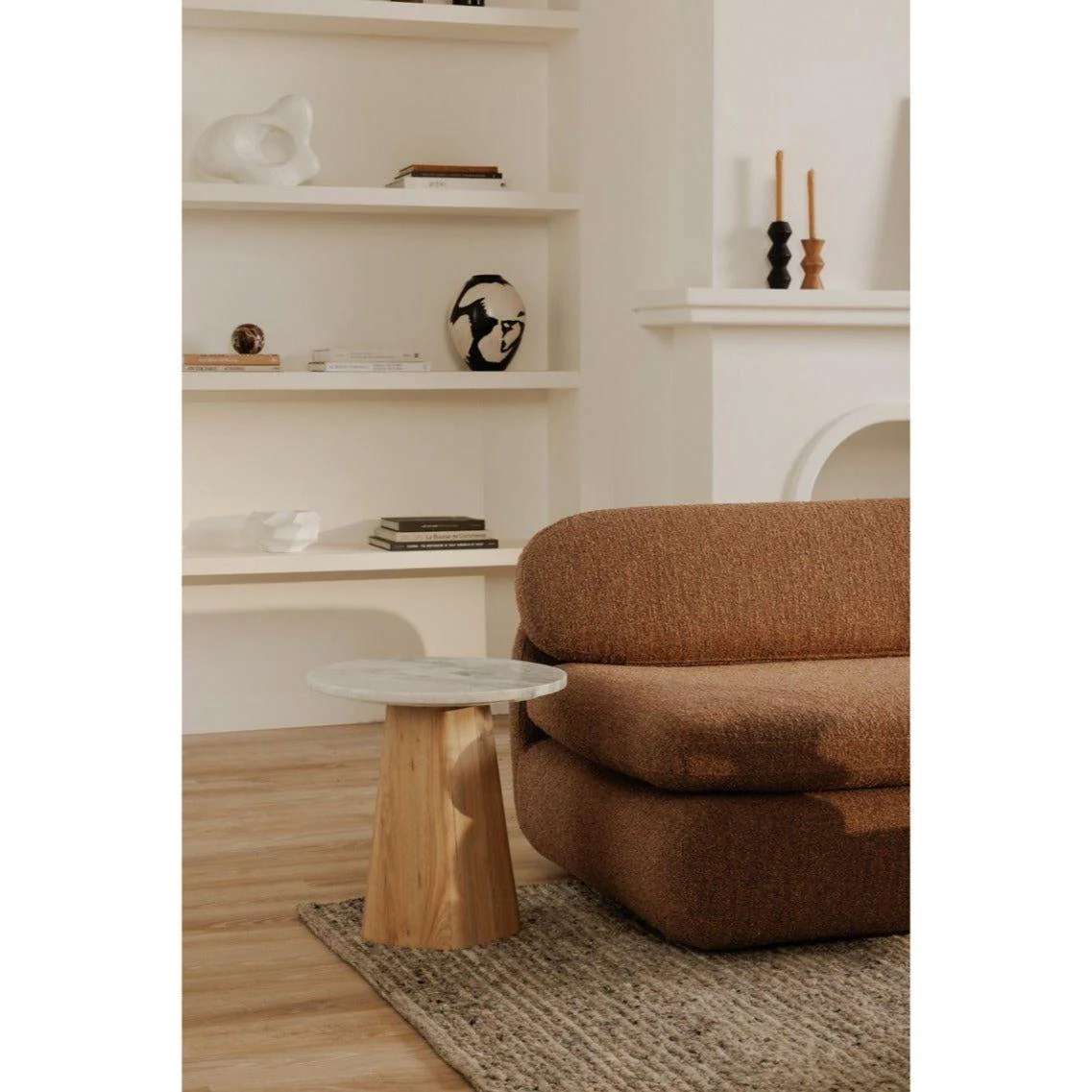 Contemporary Marble & Oak Wood Side Table with Organic Pentagon Base for Living Room