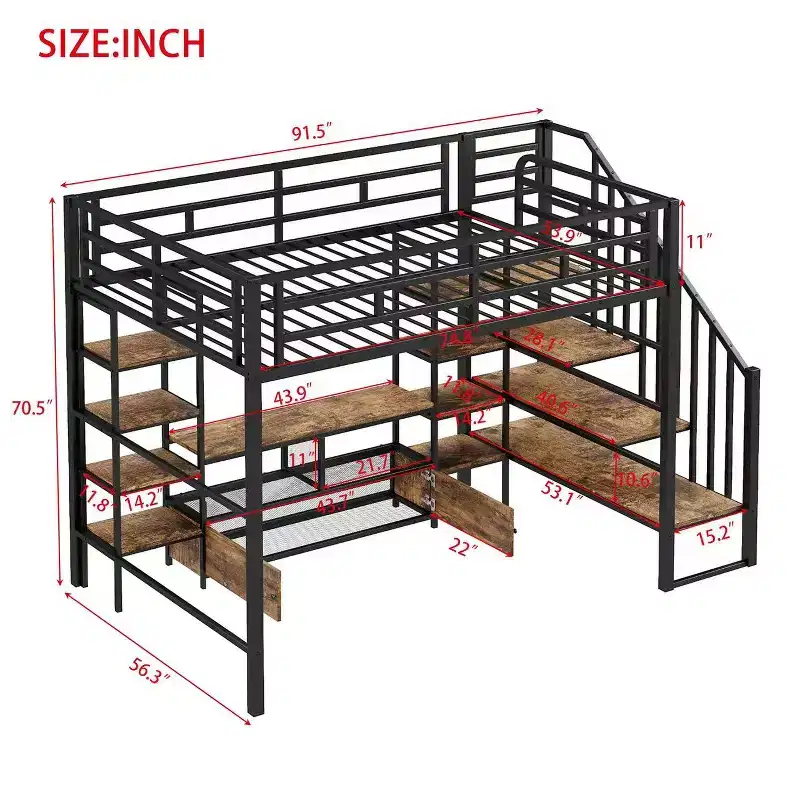 Full Size Metal Loft Bed Frame with Staircase, Metal Bed Frame with Low Storage Table and Shelves for Kids Teens Adults